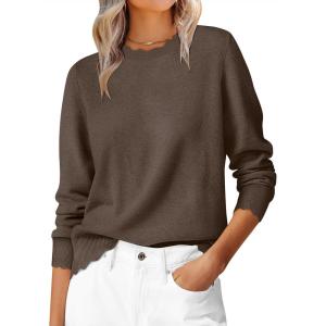 image:imageANRABESS Sweaters for Women Loose Fit Lightweight Soft Dressy Scalloped Long Sleeve Pullover Tops 2026 Fall Casual OutfitsBrown