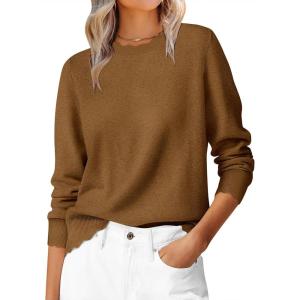image:imageANRABESS Sweaters for Women Loose Fit Lightweight Soft Dressy Scalloped Long Sleeve Pullover Tops 2026 Fall Casual OutfitsCaramel