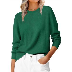 image:imageANRABESS Sweaters for Women Loose Fit Lightweight Soft Dressy Scalloped Long Sleeve Pullover Tops 2026 Fall Casual OutfitsForest Green