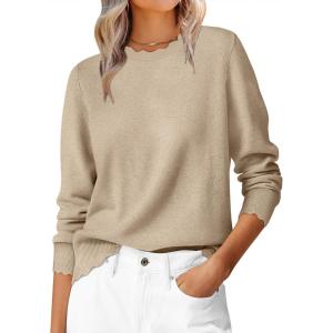 image:imageANRABESS Sweaters for Women Loose Fit Lightweight Soft Dressy Scalloped Long Sleeve Pullover Tops 2026 Fall Casual OutfitsTan