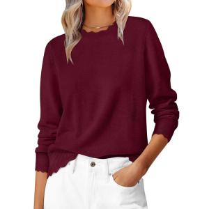 image:imageANRABESS Sweaters for Women Loose Fit Lightweight Soft Dressy Scalloped Long Sleeve Pullover Tops 2026 Fall Casual OutfitsWine Red