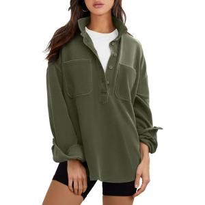 image:imageANRABESS Sweatshirt for Women Oversized Casual Long Sleeve Side Slit Button Lapel Polo Pullover Tunic Tops 2025 Fall OutfitsArmy Green