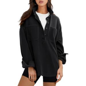 image:imageANRABESS Sweatshirt for Women Oversized Casual Long Sleeve Side Slit Button Lapel Polo Pullover Tunic Tops 2025 Fall OutfitsBlack