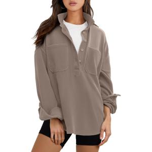 image:imageANRABESS Sweatshirt for Women Oversized Casual Long Sleeve Side Slit Button Lapel Polo Pullover Tunic Tops 2025 Fall OutfitsDark Khaki