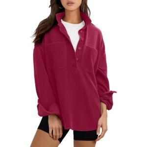 image:imageANRABESS Sweatshirt for Women Oversized Casual Long Sleeve Side Slit Button Lapel Polo Pullover Tunic Tops 2025 Fall OutfitsDark Red