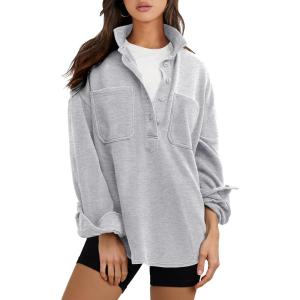 image:imageANRABESS Sweatshirt for Women Oversized Casual Long Sleeve Side Slit Button Lapel Polo Pullover Tunic Tops 2025 Fall OutfitsGrey