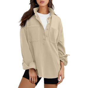 image:imageANRABESS Sweatshirt for Women Oversized Casual Long Sleeve Side Slit Button Lapel Polo Pullover Tunic Tops 2025 Fall OutfitsKhaki