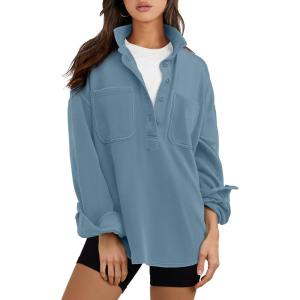 image:imageANRABESS Sweatshirt for Women Oversized Casual Long Sleeve Side Slit Button Lapel Polo Pullover Tunic Tops 2025 Fall OutfitsLight Blue