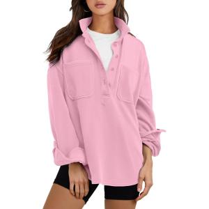 image:imageANRABESS Sweatshirt for Women Oversized Casual Long Sleeve Side Slit Button Lapel Polo Pullover Tunic Tops 2025 Fall OutfitsPink