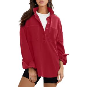 image:imageANRABESS Sweatshirt for Women Oversized Casual Long Sleeve Side Slit Button Lapel Polo Pullover Tunic Tops 2025 Fall OutfitsRed