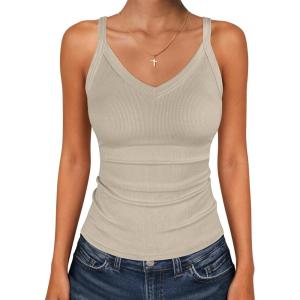 image:imageANRABESS V Neck Tank Tops for Women Ribbed Knit Camisole 2026 Summer Casual Sleeveless Slim Fitted Basic Cami Shirts ClothesAlmond