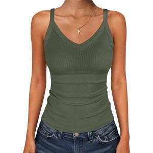 image:imageANRABESS V Neck Tank Tops for Women Ribbed Knit Camisole 2026 Summer Casual Sleeveless Slim Fitted Basic Cami Shirts ClothesArmy Green