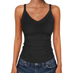 image:imageANRABESS V Neck Tank Tops for Women Ribbed Knit Camisole 2026 Summer Casual Sleeveless Slim Fitted Basic Cami Shirts ClothesBlack