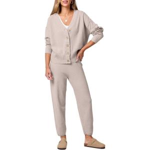 image:imageANRABESS Women 2 Piece Lounge Sets 2025 Fall Outfits Casual Waffle Knit Cardigan Sweater Pant Set Travel Airport Clothes