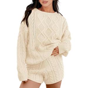 image:imageANRABESS Women 2 Piece Outfits Sweater Lounge Loungewear Sets 2025 Winter Cable Knit Oversized Sweaters Shorts Matching SetsApricot