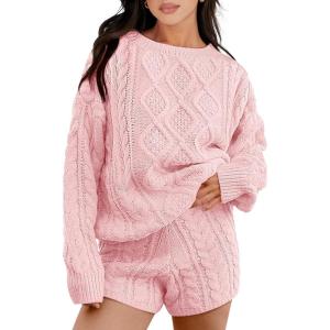 image:imageANRABESS Women 2 Piece Outfits Sweater Lounge Loungewear Sets 2025 Winter Cable Knit Oversized Sweaters Shorts Matching SetsPink