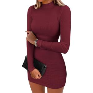 image:imageANRABESS Women Long Sleeve Mock Neck Bodycon Mini Dress 2025 Fall Ribbed Slim Fit Pencil Cocktail Club Night DressesDark Red