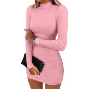 image:imageANRABESS Women Long Sleeve Mock Neck Bodycon Mini Dress 2025 Fall Ribbed Slim Fit Pencil Cocktail Club Night DressesPink