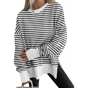 image:imageANRABESS Women Oversized Sweatshirts Thumbhole Long Sleeve Hoodies Shirts 2025 Fall Side Slit Pullover Top Teen Y2k OutfitsBlack White Striped