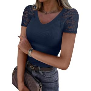 image:imageANRABESS Women Short Sleeve V Neck Lace Shirts Ribbed Knit Fitted Basic Tee Top 2026 Summer Casual TShirts Going Out OutfitsNavy Blue