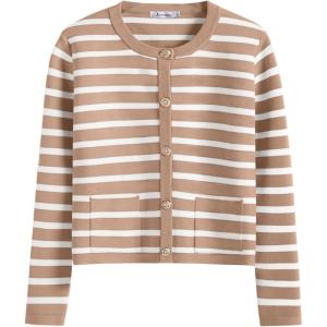 image:imageANRABESS Women Striped Cardigan Sweaters Button Down Cropped Knit Lady Jackets Coat 2025 Fall Outfits Trendy ClothesApricot White Stripe