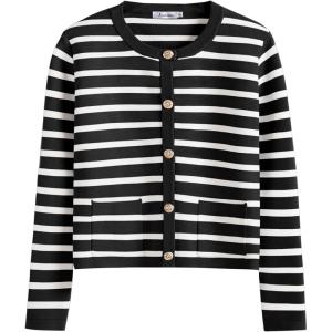 image:imageANRABESS Women Striped Cardigan Sweaters Button Down Cropped Knit Lady Jackets Coat 2025 Fall Outfits Trendy ClothesBlack White Stripe