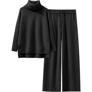 image:imageANRABESS Women Two Piece Outfits Oversized Turtleneck Knit Pullover Sweater Top Wide Leg Pants Lounge Set Sweatsuit 2025 FallBlack