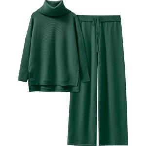 image:imageANRABESS Women Two Piece Outfits Oversized Turtleneck Knit Pullover Sweater Top Wide Leg Pants Lounge Set Sweatsuit 2025 FallDark Green
