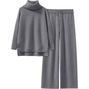 image:imageANRABESS Women Two Piece Outfits Oversized Turtleneck Knit Pullover Sweater Top Wide Leg Pants Lounge Set Sweatsuit 2025 FallDark Grey
