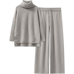 image:imageANRABESS Women Two Piece Outfits Oversized Turtleneck Knit Pullover Sweater Top Wide Leg Pants Lounge Set Sweatsuit 2025 FallGray Apricort