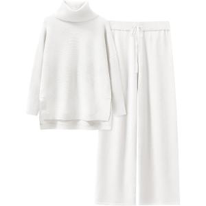image:imageANRABESS Women Two Piece Outfits Oversized Turtleneck Knit Pullover Sweater Top Wide Leg Pants Lounge Set Sweatsuit 2025 FallWhite