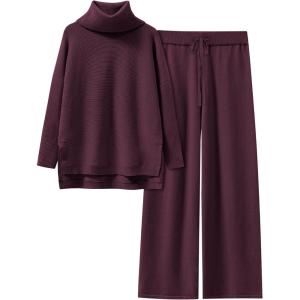 image:imageANRABESS Women Two Piece Outfits Oversized Turtleneck Knit Pullover Sweater Top Wide Leg Pants Lounge Set Sweatsuit 2025 FallWine Red