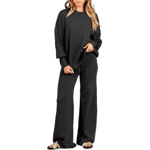 image:imageANRABESS Womens 2 Piece Outfits Fall Lounge Set 2025 Oversized Chunky Knit Sweater Top Wide Leg Pants Loungewear Clothes Black Large