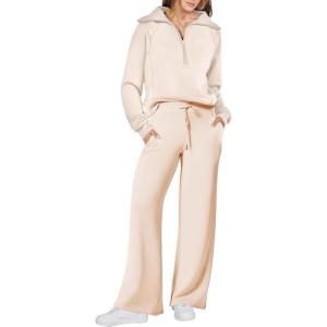 image:imageANRABESS Womens 2 Piece Outfits Half Zip Sweatshirt amp Wide Leg Pants Airport Travel Lounge Matching Sets Sweatsuits ClothingApricot