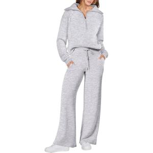 image:imageANRABESS Womens 2 Piece Outfits Half Zip Sweatshirt amp Wide Leg Pants Airport Travel Lounge Matching Sets Sweatsuits ClothingLight Grey
