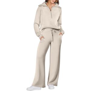image:imageANRABESS Womens 2 Piece Outfits Half Zip Sweatshirt amp Wide Leg Pants Airport Travel Lounge Matching Sets Sweatsuits ClothingLight Khaki