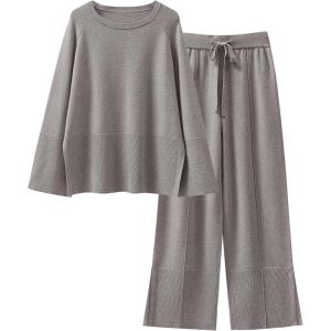 image:imageANRABESS Womens 2 Piece Outfits Oversized Knit Sweater Set Wide Leg Pant Cozy Lounge Matching Pajama Sets 2025 Trendy ClothesDeep Grey