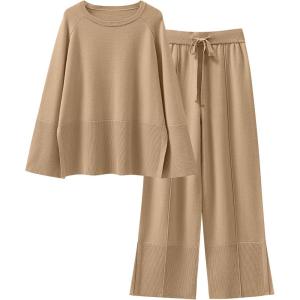 image:imageANRABESS Womens 2 Piece Outfits Oversized Knit Sweater Set Wide Leg Pant Cozy Lounge Matching Pajama Sets 2025 Trendy ClothesKhaki