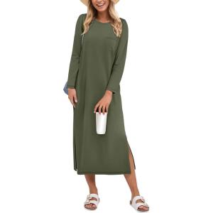 image:imageANRABESS Womens 34 Sleeve Striped Slit Midi T Shirt Dresses 2026 Summer Casual Beach Vacation Clothes Spring Travel SundressArmy Green