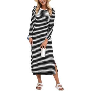 image:imageANRABESS Womens 34 Sleeve Striped Slit Midi T Shirt Dresses 2026 Summer Casual Beach Vacation Clothes Spring Travel SundressBlack White Stripe