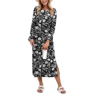 image:imageANRABESS Womens 34 Sleeve Striped Slit Midi T Shirt Dresses 2026 Summer Casual Beach Vacation Clothes Spring Travel SundressFloral Black