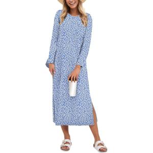 image:imageANRABESS Womens 34 Sleeve Striped Slit Midi T Shirt Dresses 2026 Summer Casual Beach Vacation Clothes Spring Travel SundressFloral Blue