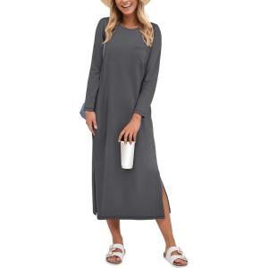 image:imageANRABESS Womens 34 Sleeve Striped Slit Midi T Shirt Dresses 2026 Summer Casual Beach Vacation Clothes Spring Travel SundressGray