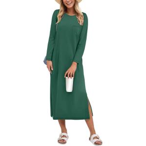 image:imageANRABESS Womens 34 Sleeve Striped Slit Midi T Shirt Dresses 2026 Summer Casual Beach Vacation Clothes Spring Travel SundressGreen
