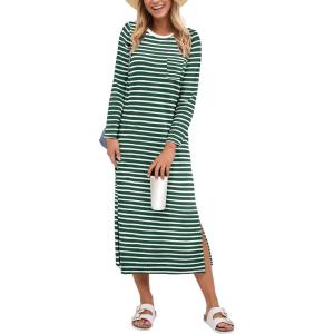 image:imageANRABESS Womens 34 Sleeve Striped Slit Midi T Shirt Dresses 2026 Summer Casual Beach Vacation Clothes Spring Travel SundressGreen White Stripe