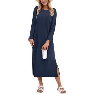 image:imageANRABESS Womens 34 Sleeve Striped Slit Midi T Shirt Dresses 2026 Summer Casual Beach Vacation Clothes Spring Travel SundressNavy Blue