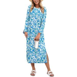 image:imageANRABESS Womens 34 Sleeve Striped Slit Midi T Shirt Dresses 2026 Summer Casual Beach Vacation Clothes Spring Travel SundressPrint Lake Blue