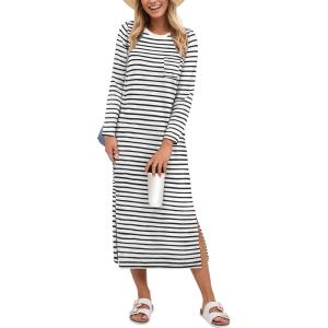 image:imageANRABESS Womens 34 Sleeve Striped Slit Midi T Shirt Dresses 2026 Summer Casual Beach Vacation Clothes Spring Travel SundressWhite Black Stripe