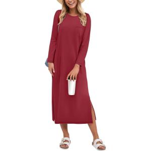 image:imageANRABESS Womens 34 Sleeve Striped Slit Midi T Shirt Dresses 2026 Summer Casual Beach Vacation Clothes Spring Travel SundressWine Red