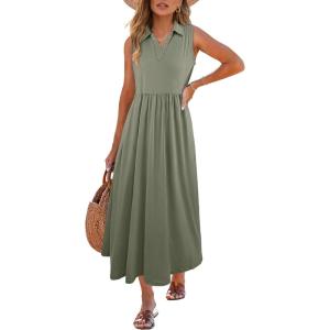 image:imageANRABESS Womens Casual Dress Summer Sleeveless V Neck Sundress Aline Flowy Beach Maxi Dresses Travel 2026 Vacation OutfitsOlive